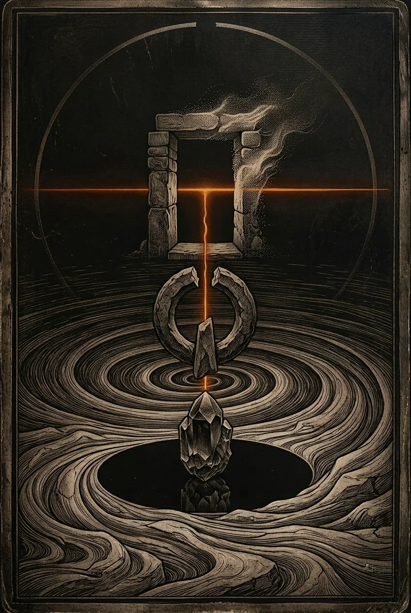 A stone doorway above a swirling field; an open ring below it, and a crystal descending on a thread of amber light into a black pool.