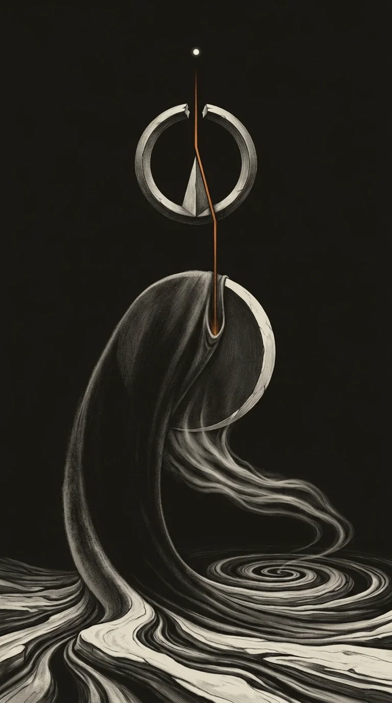 A single point of light above an open ring; a thread of amber falls from it into a great dark veil that curls over and dissolves into swirling currents.