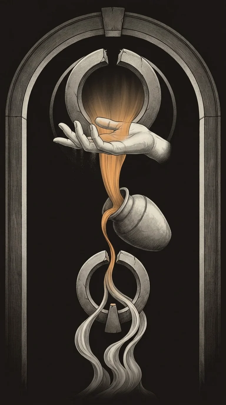 Beneath an arch, a hand pours amber light from an open ring into a tipped vessel; the stream passes through a second ring and braids into twin currents.