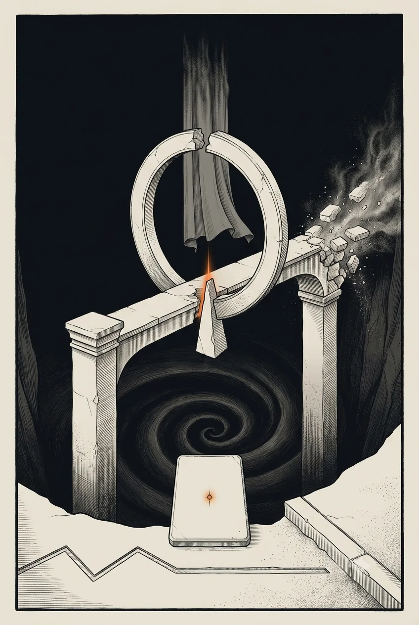 An open ring set on a broken lintel between two pillars, a veil drawn through it and amber light at the break; masonry falls away to one side above a dark spiral.