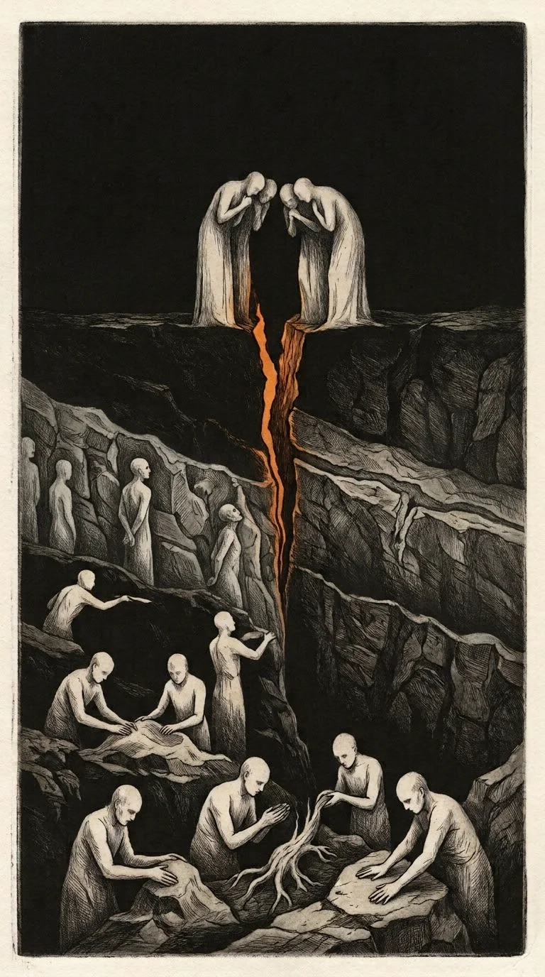 Two veiled figures bow toward one another across a fissure lit amber from within; below, pale figures reach from the rock walls toward the gap.
