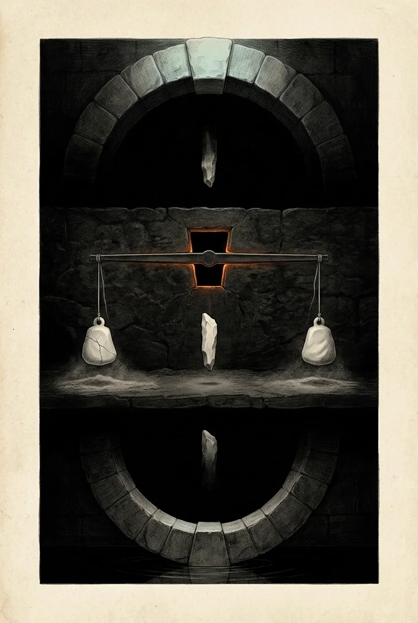 A stone arch and its mirrored reflection, an amber-lit slot at the centre, and a balance beam hung with two pale weights.